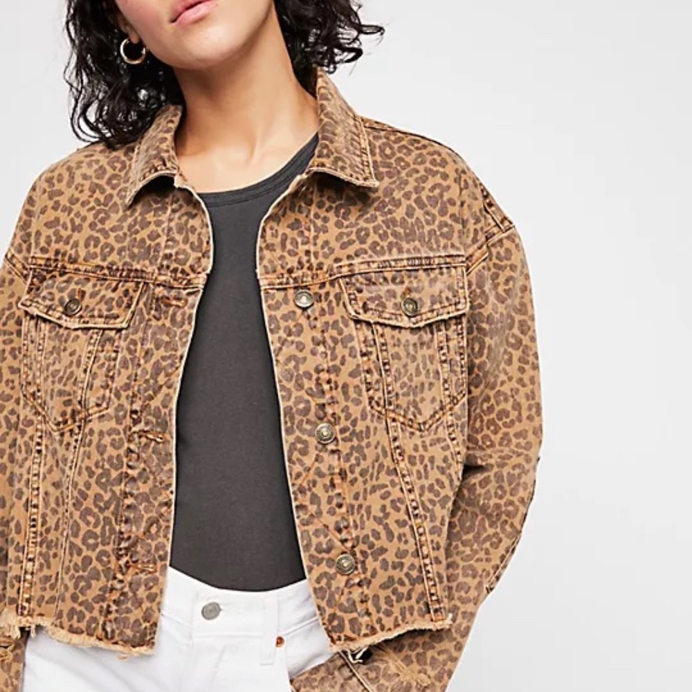 Free People Cropped Leopard Denim Jacket